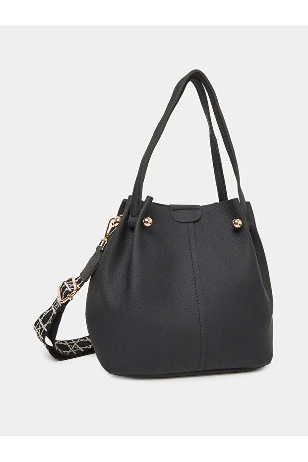 Styli Black Faux Leather Bucket Bag with Woven Strap
