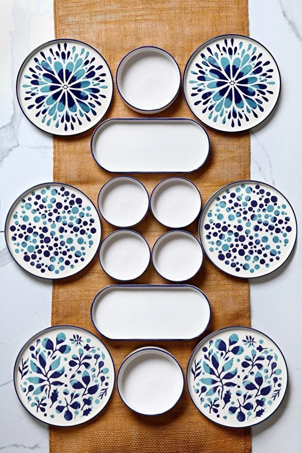 Kitchen Life 14 Piece Stackable Blue Ethnic Breakfast Set for 6 People - Luxury Breakfast Presentation Set Plate